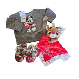 Disney Mickey Sz NB Christmas sweater rattle snuggle blanket and sleepers bundle